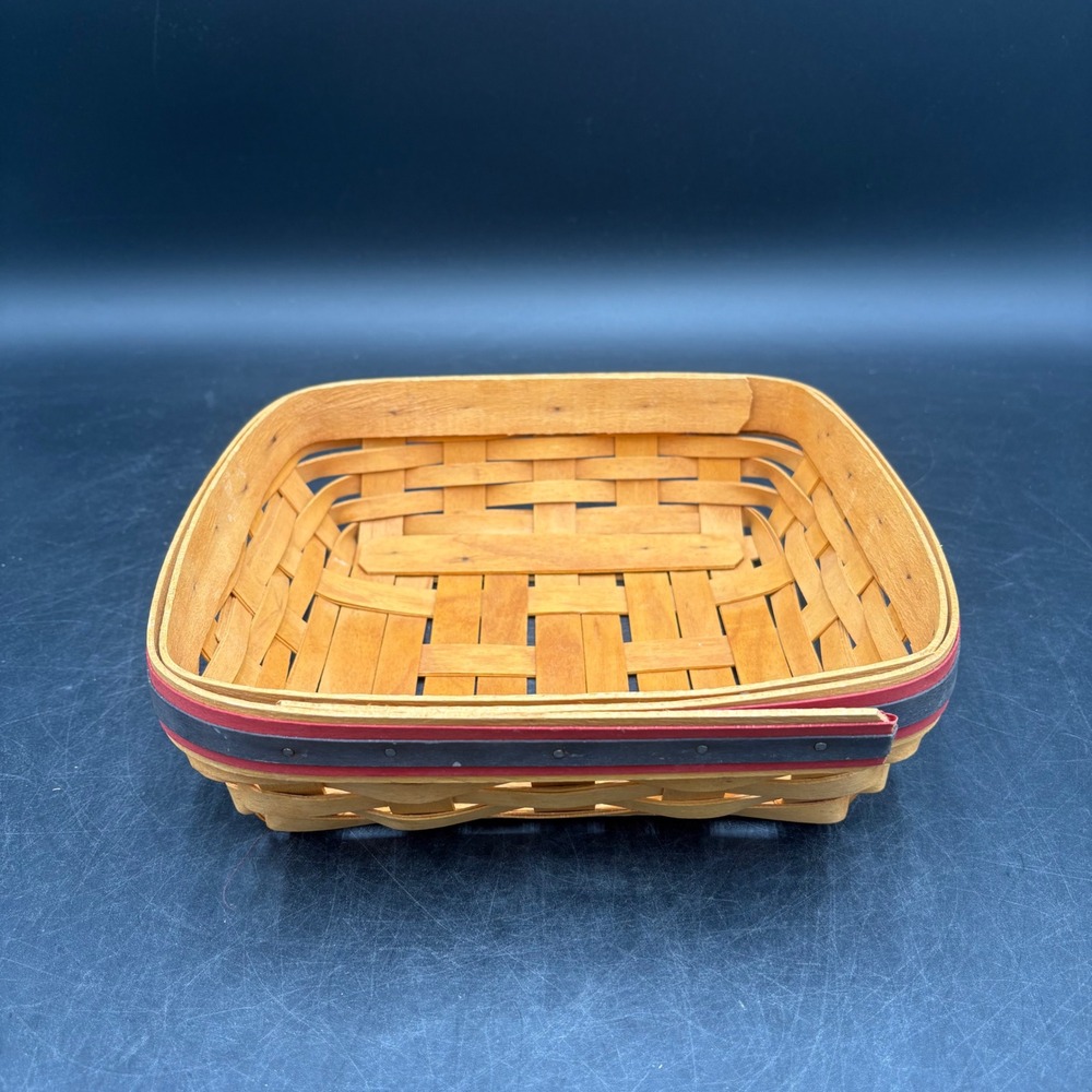 Longaberger Style Square Woven Wood Basket Navy Red Trim 8x8 Organizer